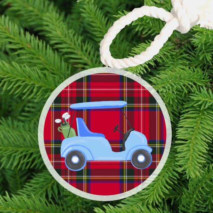 Christmas Ornament - Golf Cart on Plaid for wholesale by Peachy Pendants
