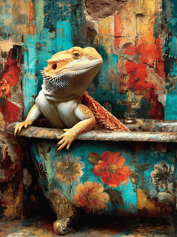 Monroe the Bearded Dragon - Animals in Bathtubs Art Print - 8"x10" Artwork for 11"x14" Frame for wholesale by Mowbi