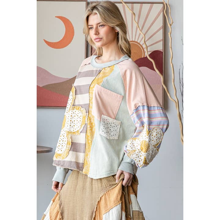 PINK COMBO DAISY PATCHWORK OVERSIZE LONG SLEEVE PULLOVER TOP for wholesale on Faire