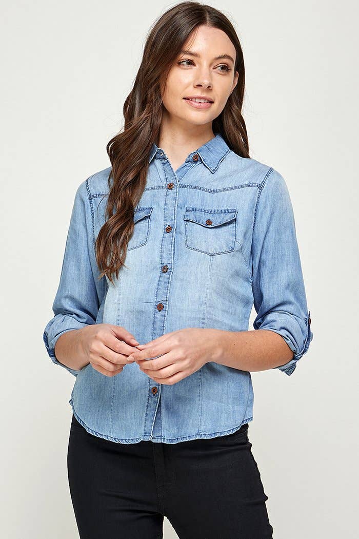 BLUE AGE - Wholesale Button Down Shirt - Women's - Chambray Denim Shirt with 2 Pockets0