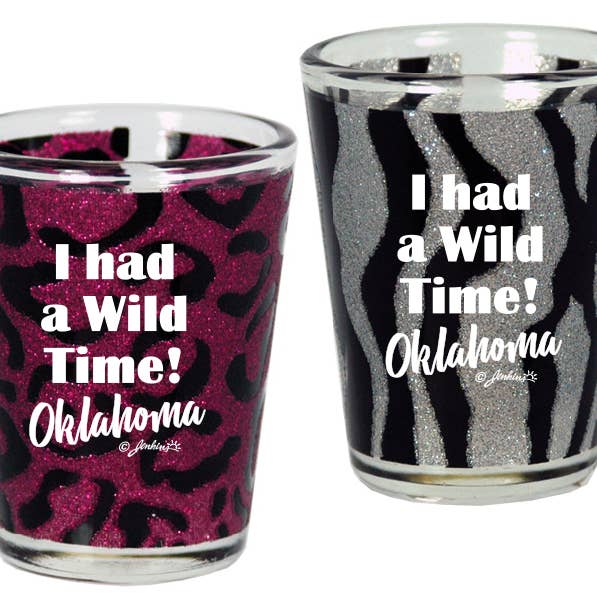 Oklahoma Shotglass Wild Animal Print Glitter for wholesale by Jenkins Enterprises
