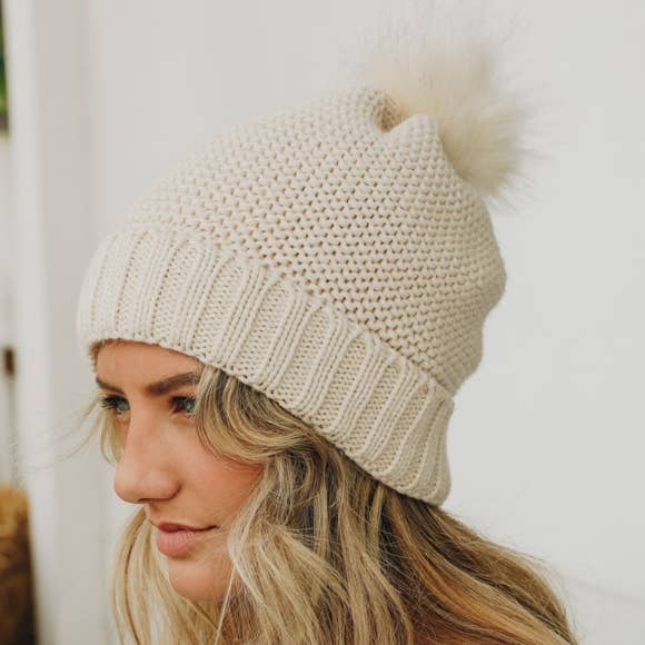 Leto Accessories - Vente Bonnet – femme - Bonnet en maille épaisse avec doublure en fausse sherpa et pompon