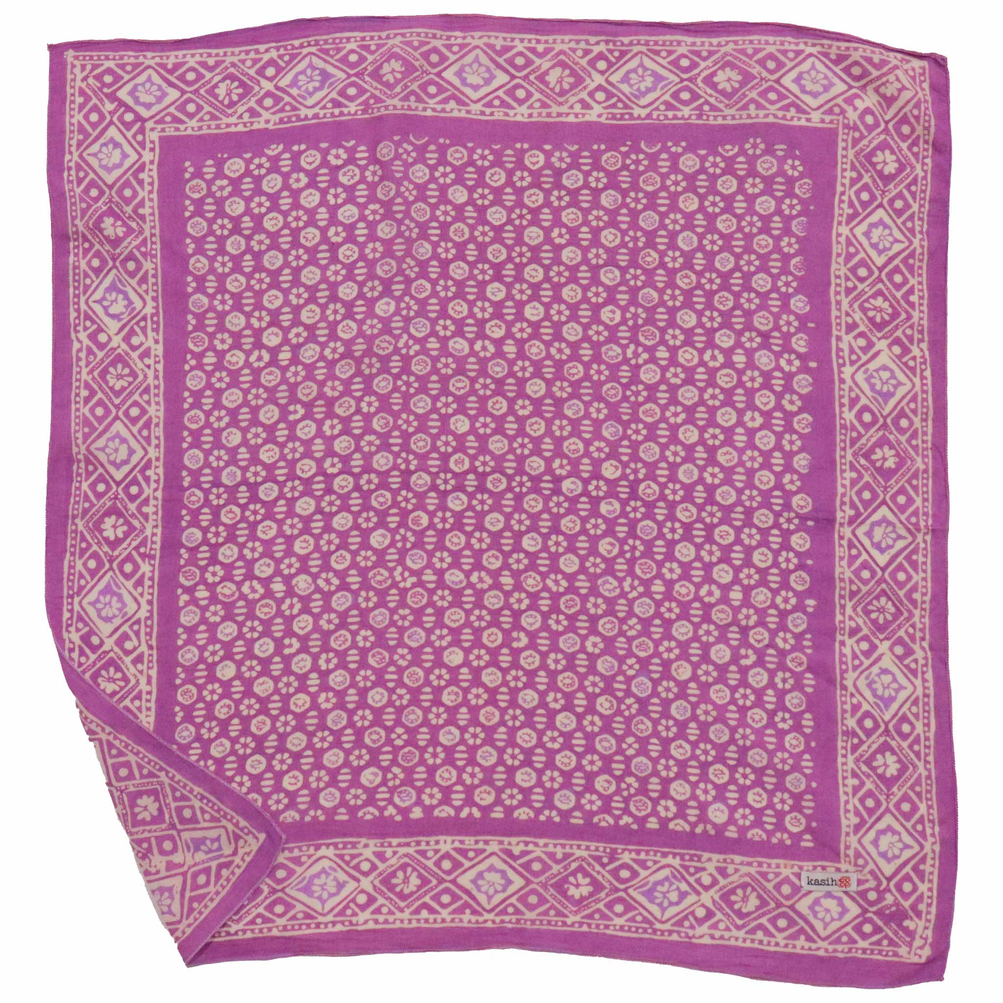 Kasih Co-op - Vente Bandana – femme - Bandana batik teint à la main, 100 % coton doux, motif floraison intemporelle, violet lilas lavande rose1