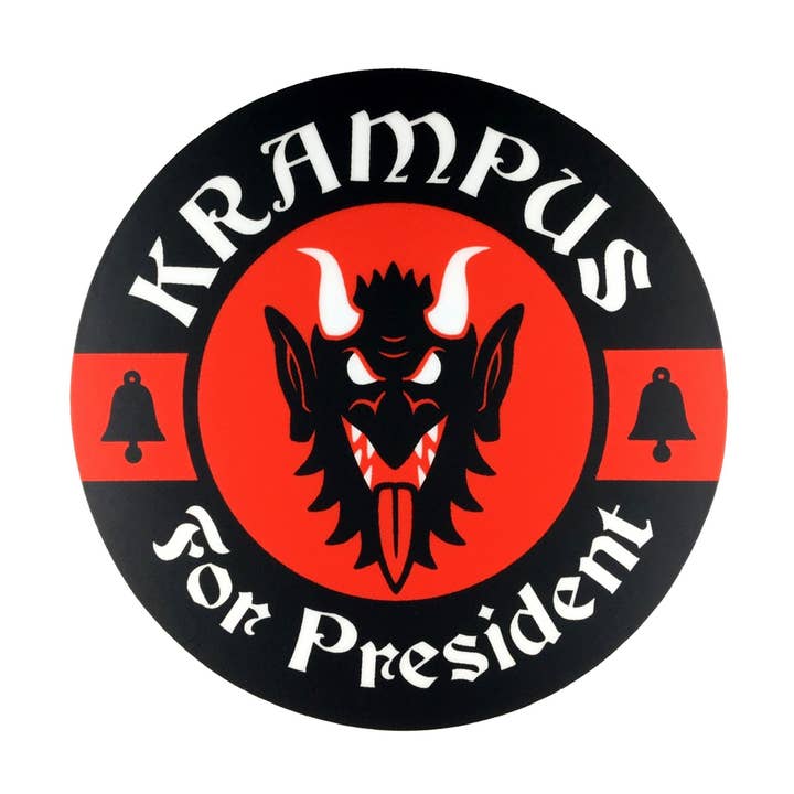 Krampus For President circle sticker for wholesale by Monsterologist