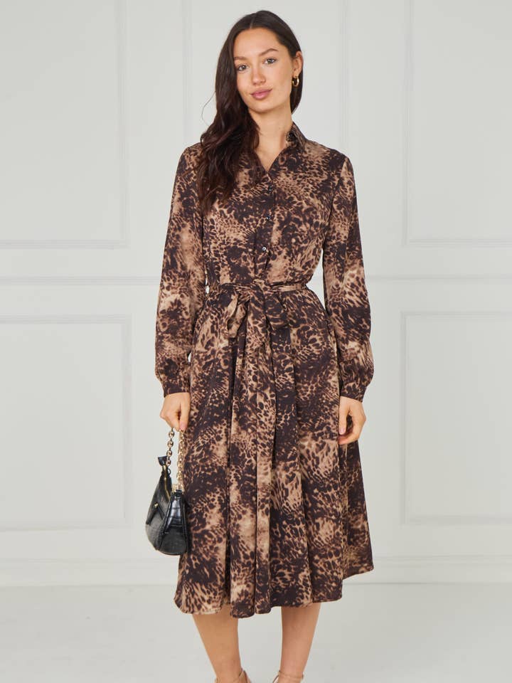8pcs Brown Leopard Smudge Print Midi Shirt Dress for wholesale by Love Sunshine Wholesale