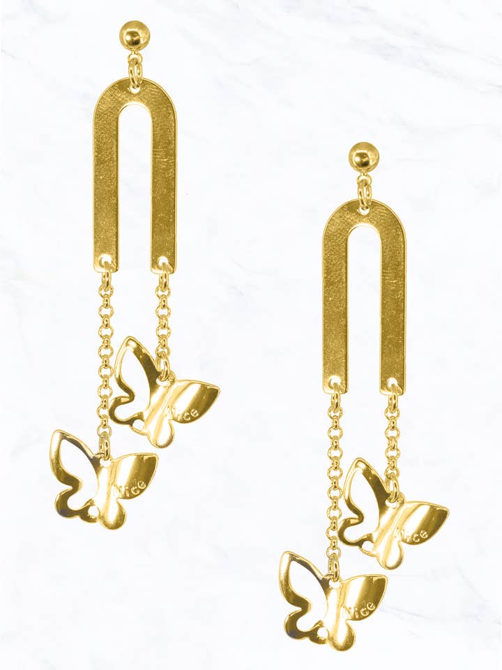 Butterfly Brass Gold Dipped Post Dangle Earrings for wholesale by Suzie Q USA