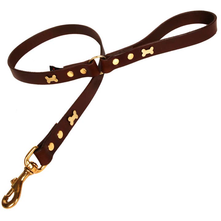Brass Bone Chocolate Brown Leather Dog Lead for wholesale by Creature Clothes