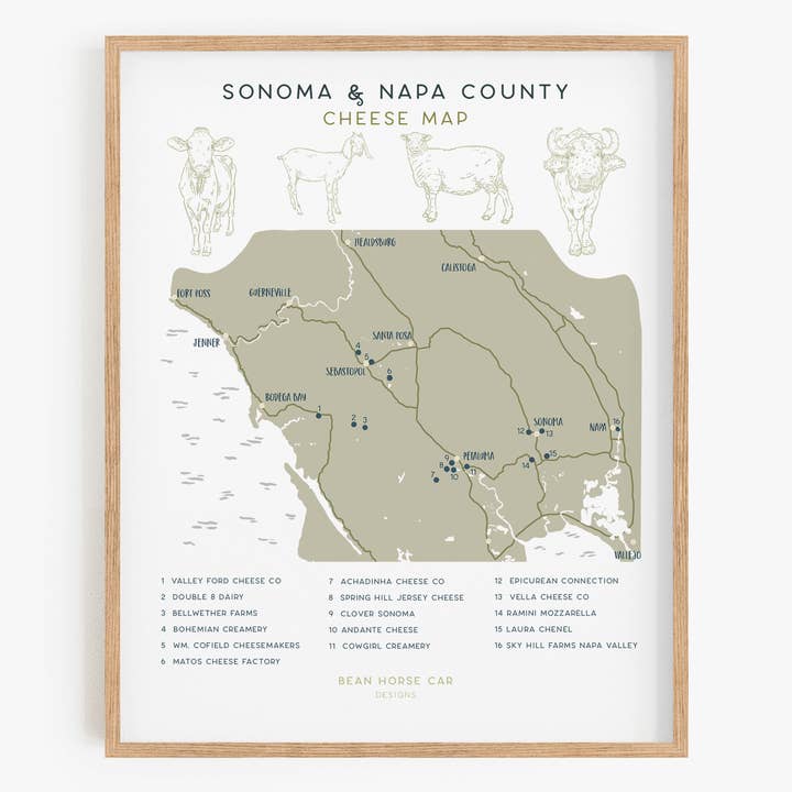 Cheese Map - Sonoma and Napa County Art Print for wholesale by Bean Horse Car Designs