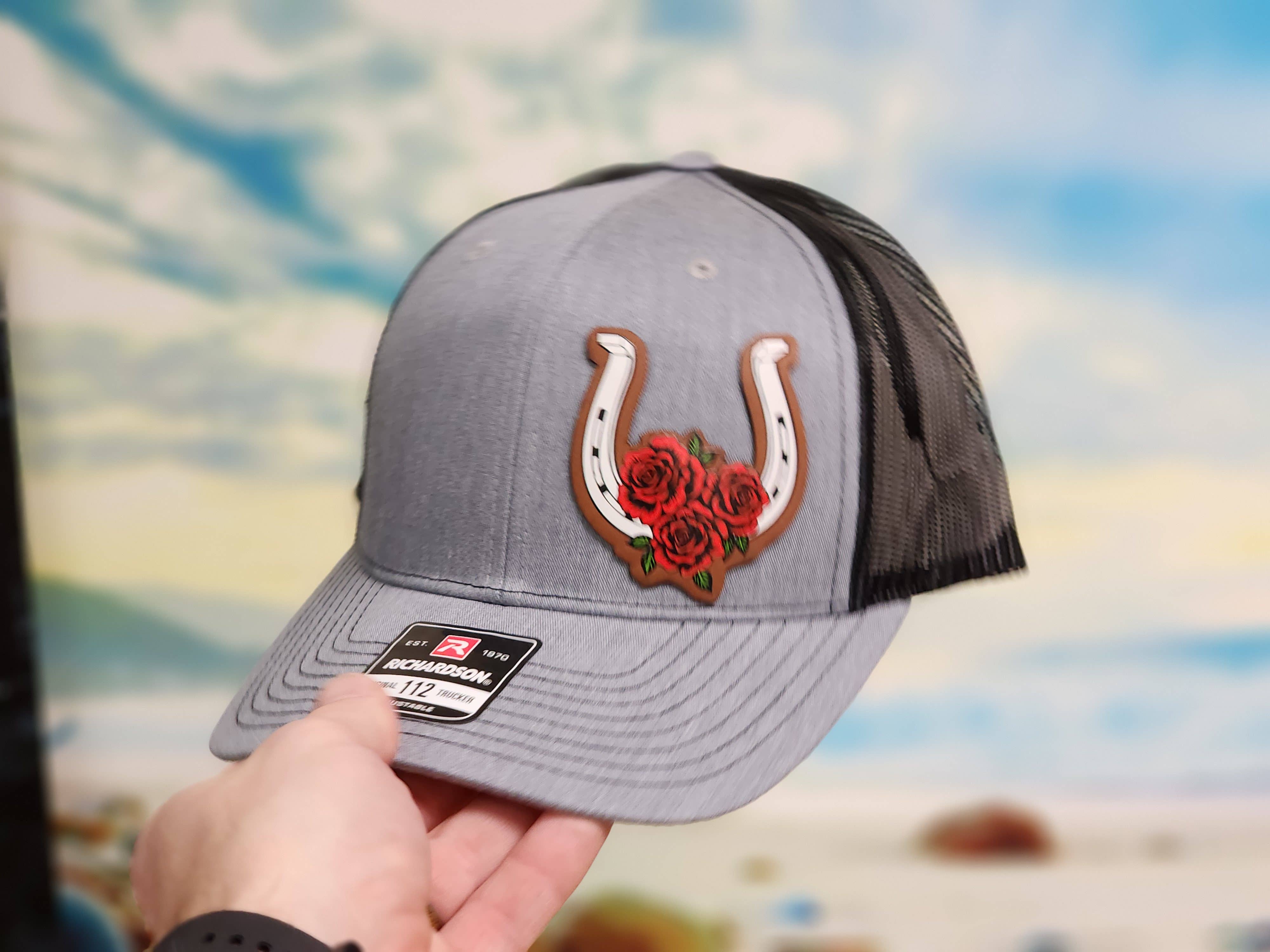 Knot Creatives - Wholesale Trucker Hat - Unisex - Grey Trucker Hat - Kentucky Derby Roses & Horseshoe Design