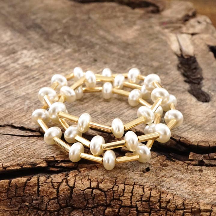 PennyLine inc - Wholesale Jewelry Set - Floating pearls bracelets set with Golden tube beads