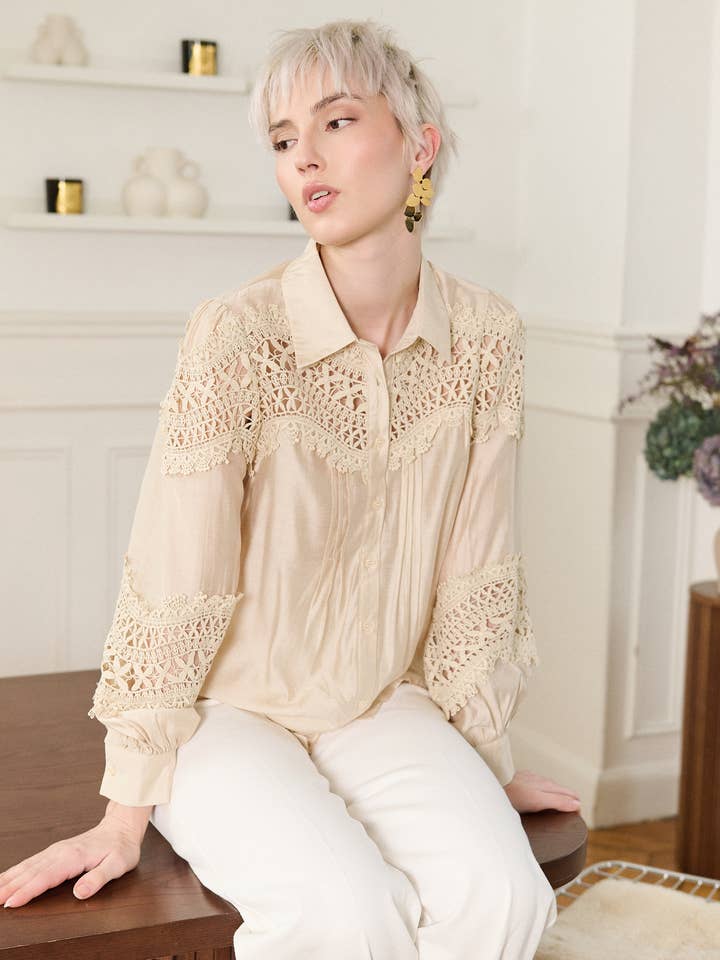 Elegant tencel shirt with lace - MARIS 9308 for wholesale by GOLDEN LIVE PARIS