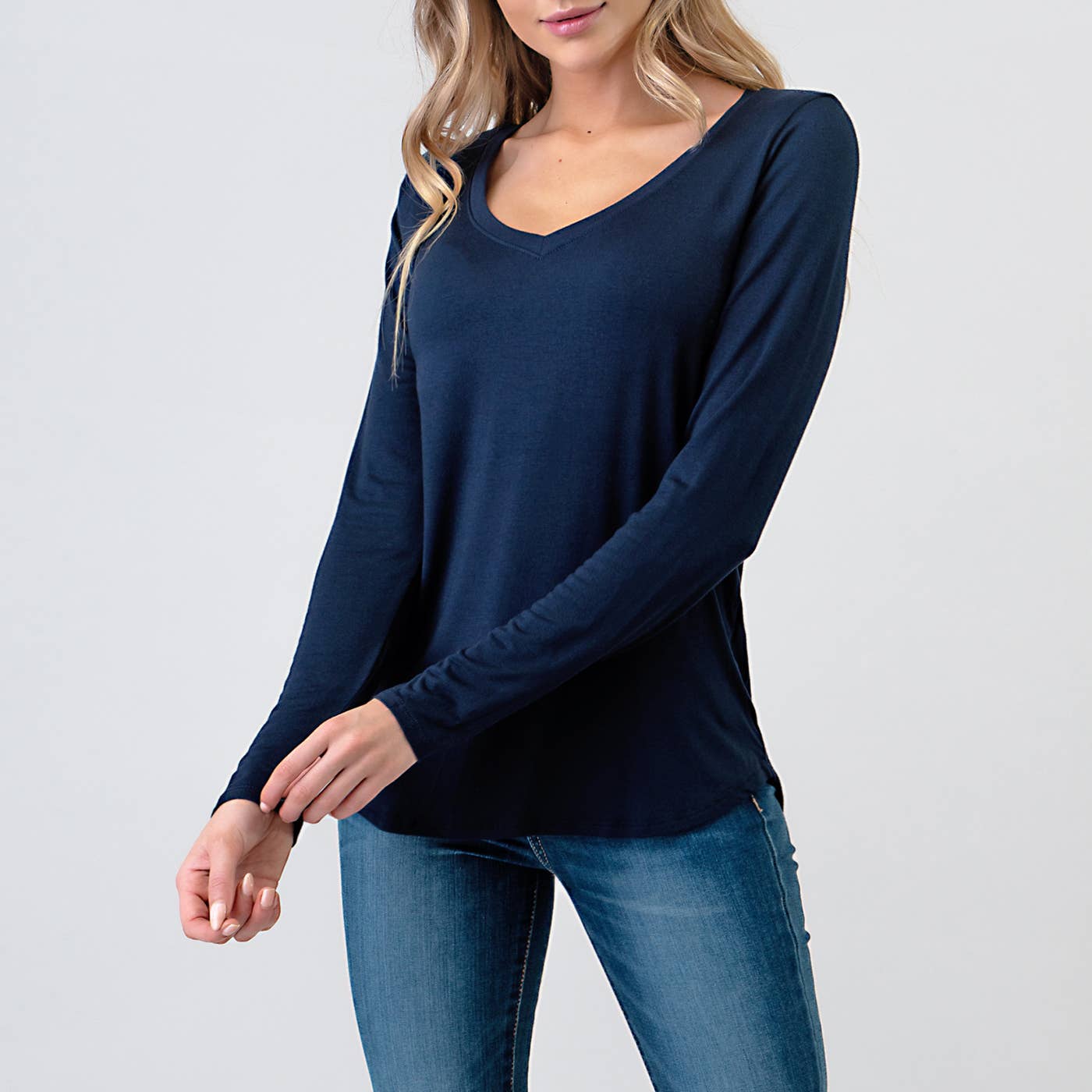 Heimious - Wholesale T-Shirt - Women's - Modal Long Sleeve V-neck Relaxed Fit T-shirt, T2495