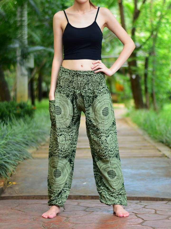 Calça Harem de Cintura Elástica Olive Night Glow P-3GG por atacado de Bohotusk