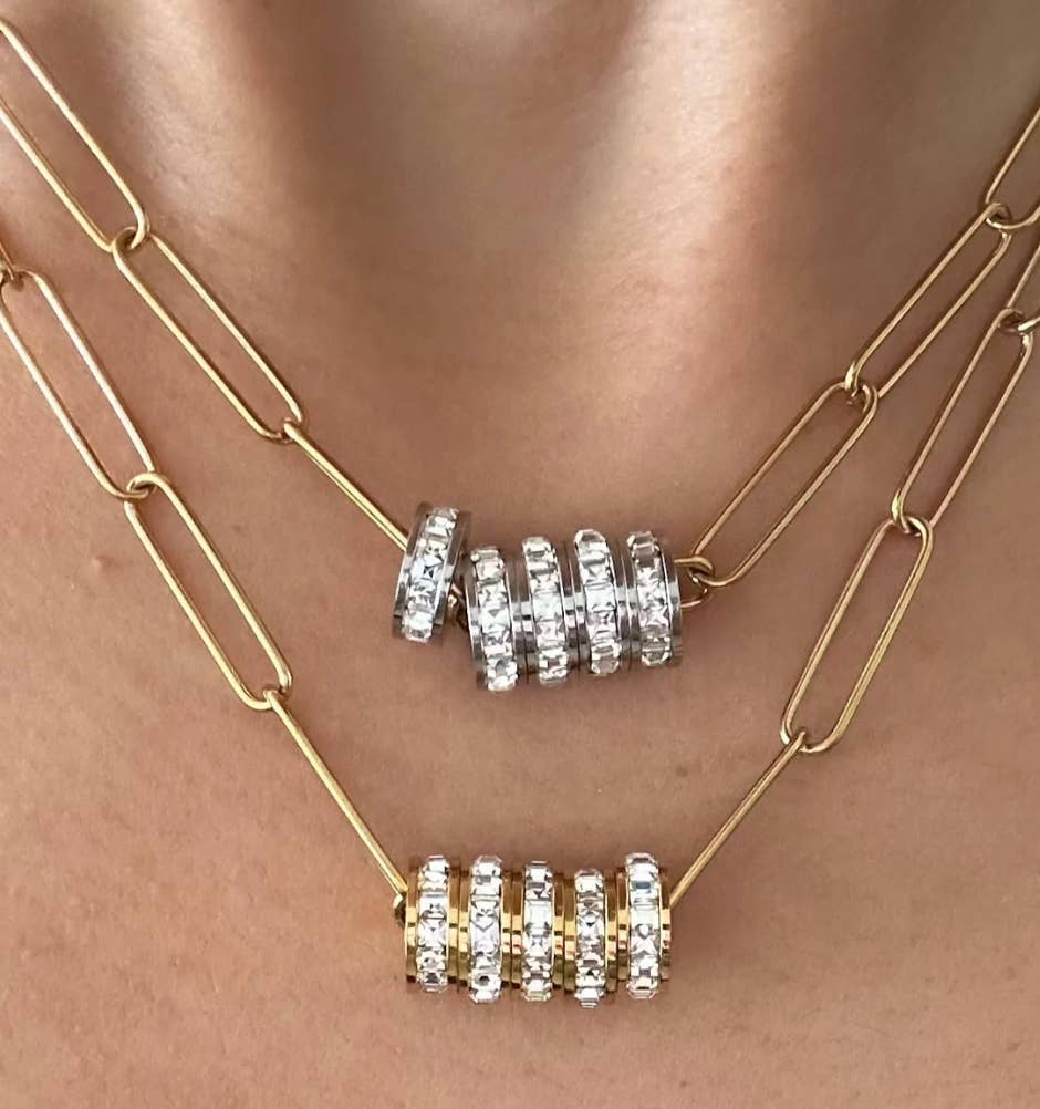 HoopLa - Vente Collier maille et chaîne - Collier Mia Paperclip - Anneaux Pavé - Acier Inoxydable - 14K CZ