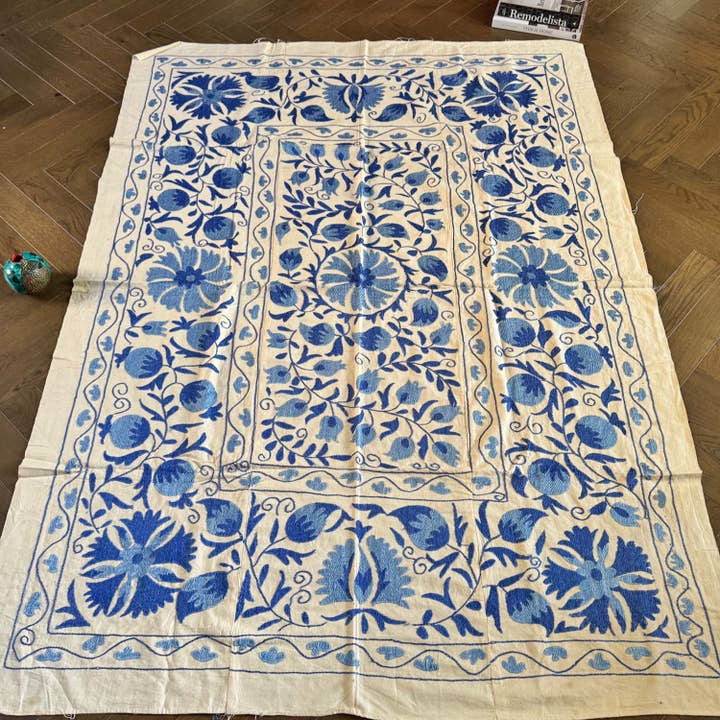 Hand-Embroidered Suzani Textile in Blue Floral & Pomegranate Design – 150cm x 200cm for wholesale by Wildash London
