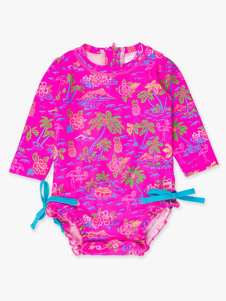 Pink Baby Girls Neon Island Time Long Sleeve One Piece Rash Guard Swimsuit with Signature Rear Ruffles
for wholesale on Faire