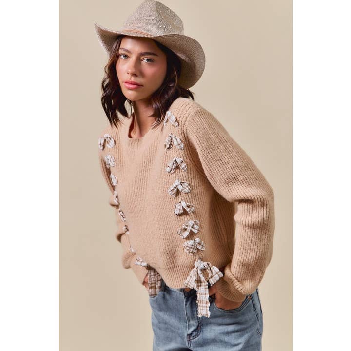 IVE - Wholesale Knit Sweater - Women's - Checkered Plaid Tape Lace Up Sweater Top10