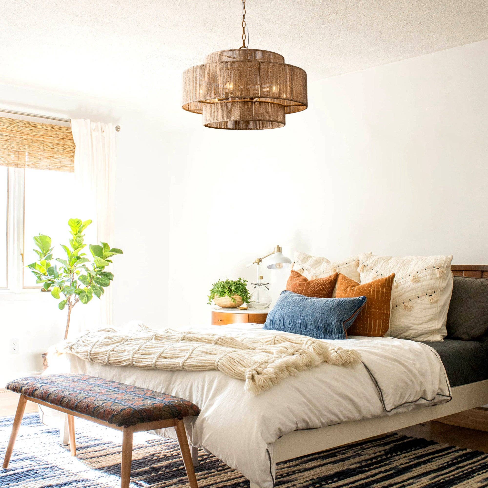 Brio Lighting - Wholesale Chandelier/Hanging Light - Farmhouse Chandelier 24" Gold Metal + Jute 2-Tiered 6-Light2