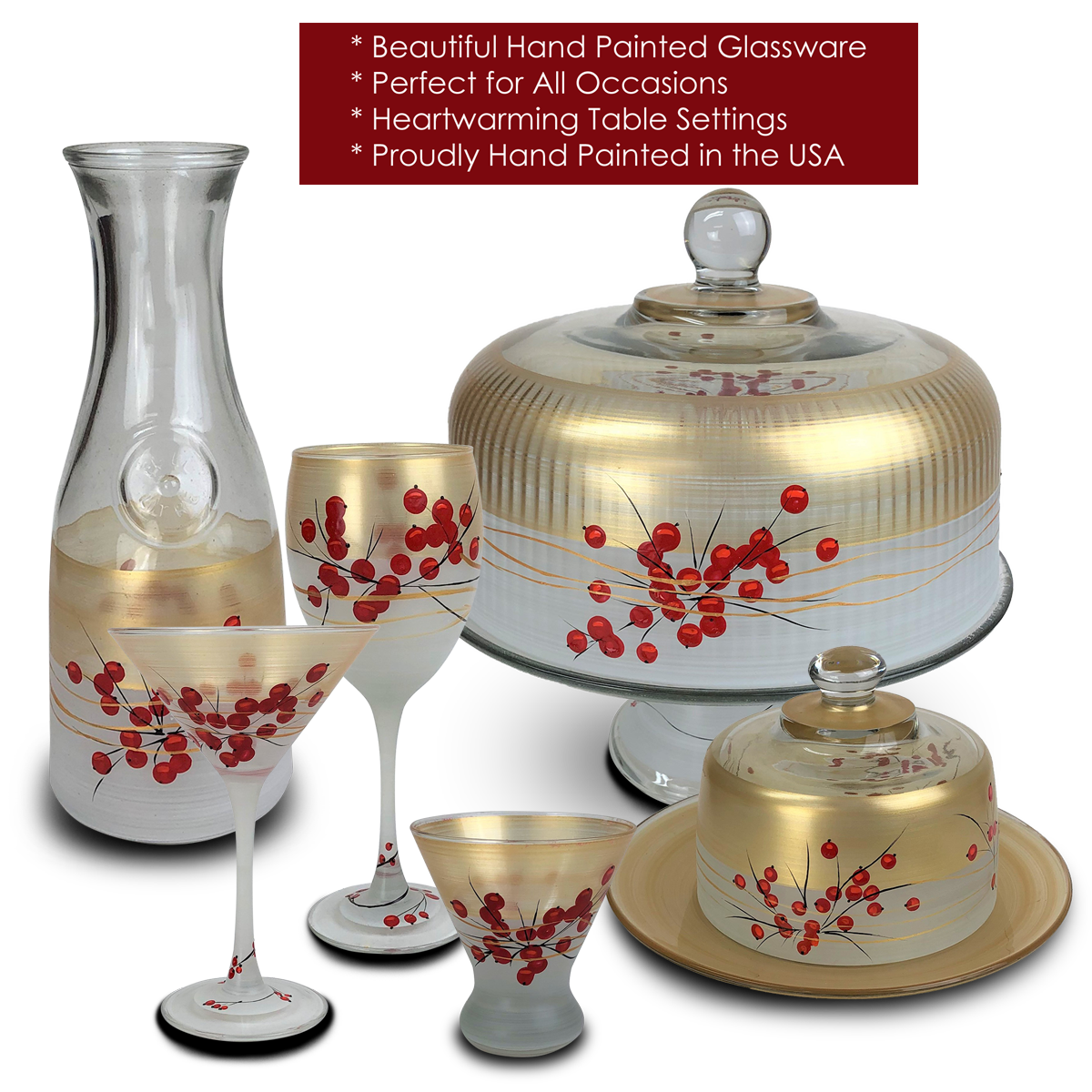Golden Hill Studio – wholesale Cocktail/liquor glass – Winter Berries 'n Branches Cosmopolitan Glasses5