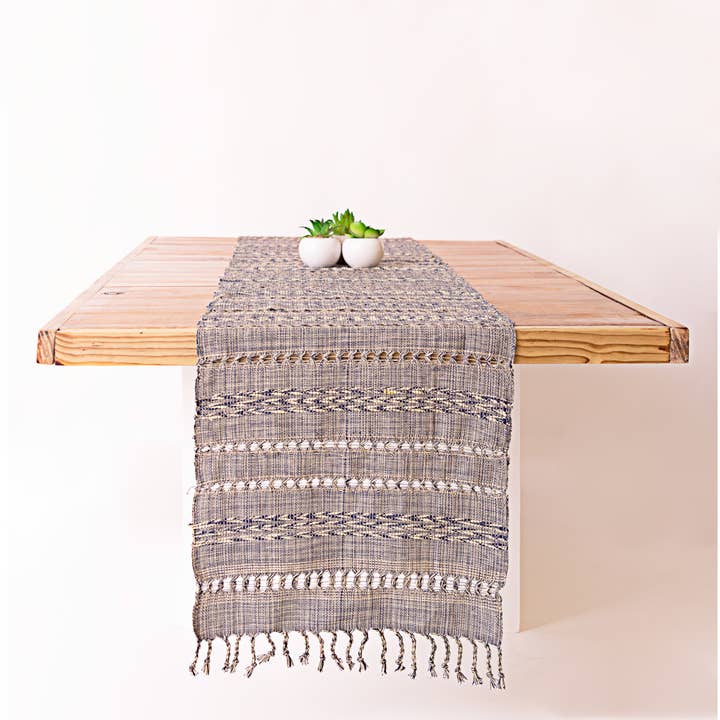 Handmade table runner cotton/silk Navy Blue & Champagne for wholesale by Achiote Guatemalan Goods