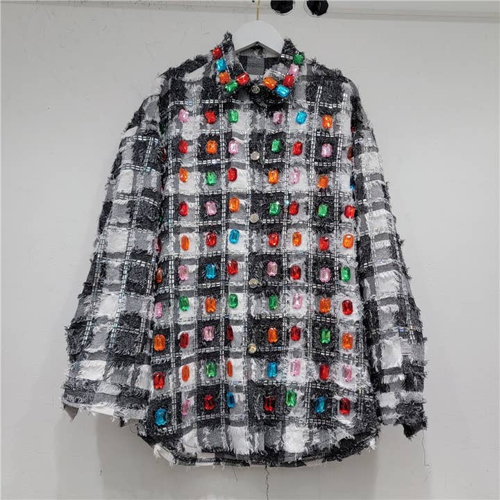 Productseeker - Wholesale Button Down Shirt - Women's - JK081 Chic Rhinestone Checkered Shirt - Women’s Fashion
