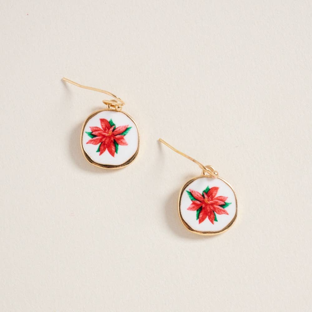 Gold Christmas Poinsettia Enamel Stone Hook Earrings for wholesale on Faire0