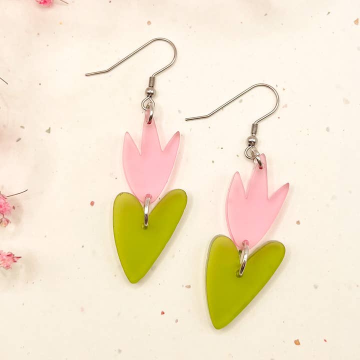 (Pink/Green) Flaming Heart Charm Acrylic Earrings for wholesale by Hoity Toity Goods