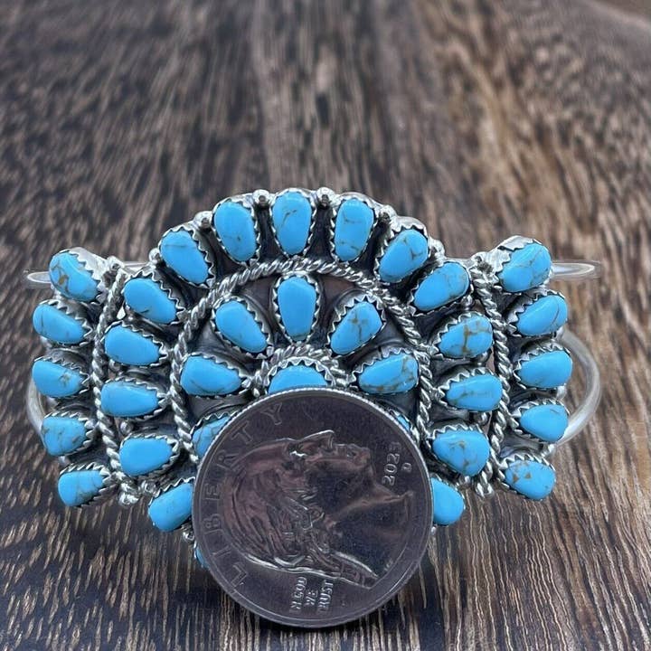 Native City Jewelry - Wholesale Cuff Bracelet - Native American Navajo Handmade Sterling Silver Turquoise Cluster Cuff Bracelet