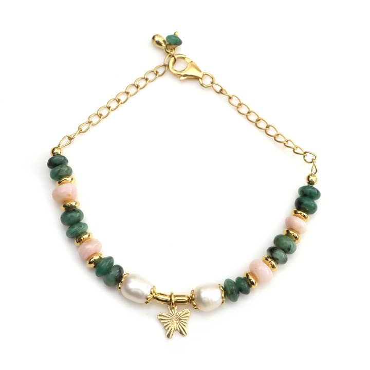 Bracelet en or rempli 18K avec perles naturelles d'émeraude et de perle pour la vente par Fine Facets