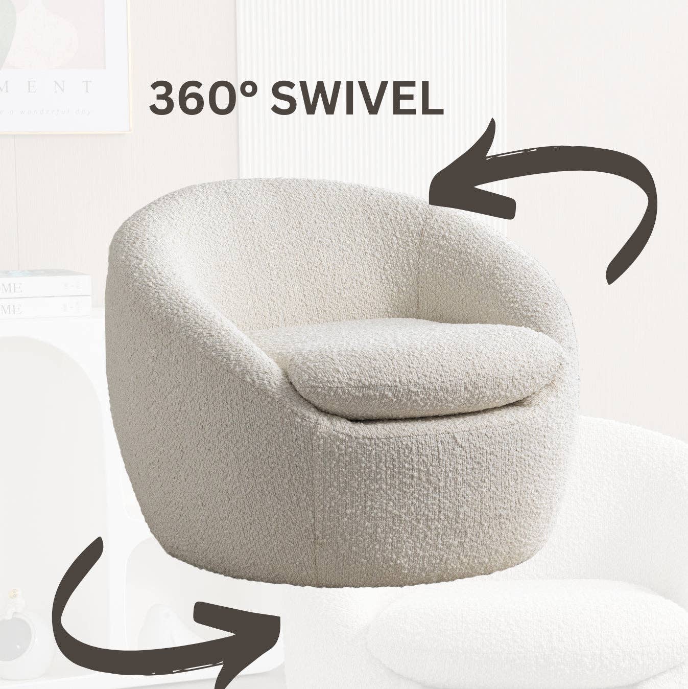 HOMYCASA DESIGN INC - Vente Chaises - Fauteuil tonneau pivotant à 360° en tissu bouclé Winnie Modern Teddy4