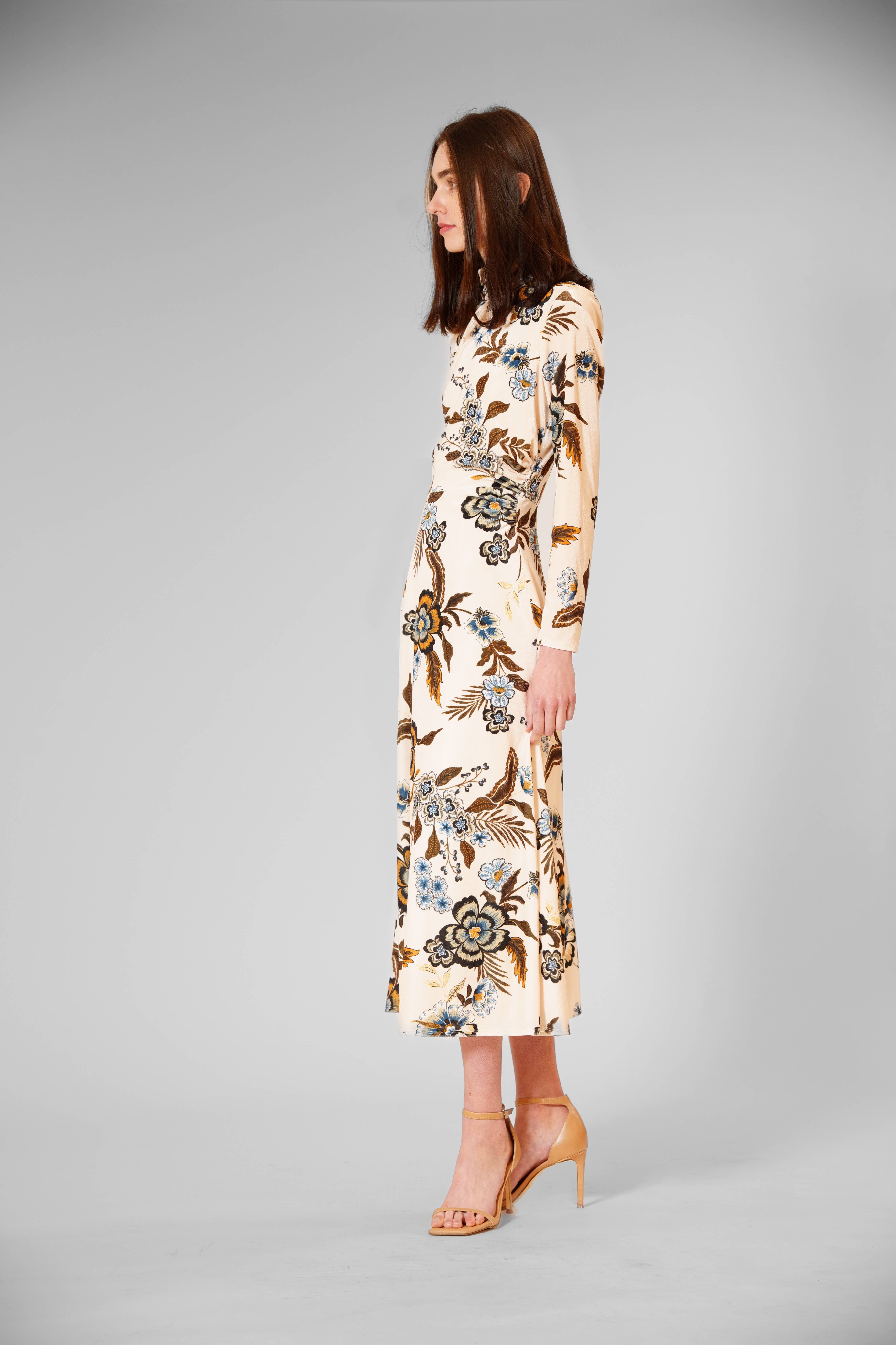 ELFENBEIN MULTI Kleid aus Samt mit Midi-Länge und hohem Kragen, bedruckt für den Großhandel auf Faire1