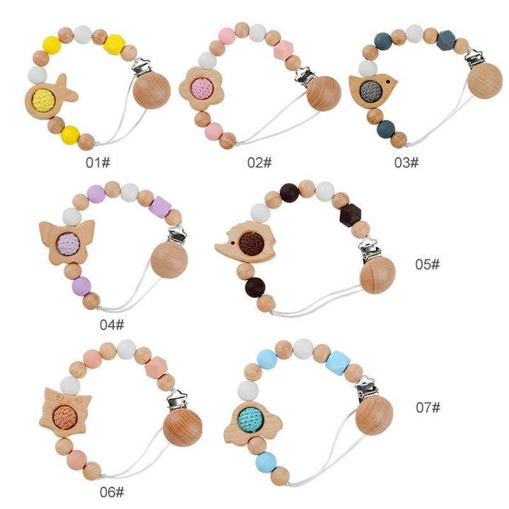 KiddieKickz - Wholesale Pacifier Clip - Baby - Pacifier Clip Anti-drop Chain Handmade of Beech and Silicone