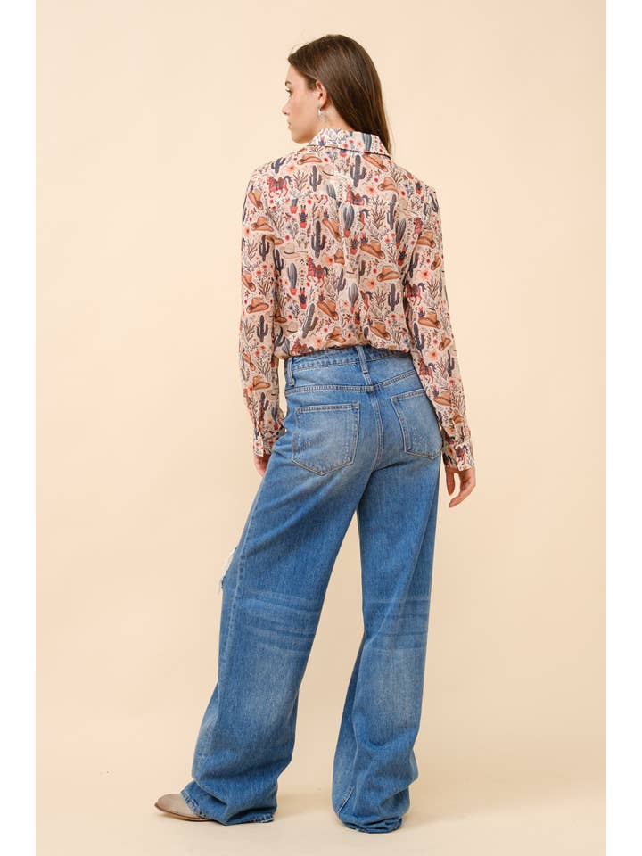 Blue B - Wholesale Button Down Shirt - Women's - 36204T - Western Print Chiffon Button Up Blouse5