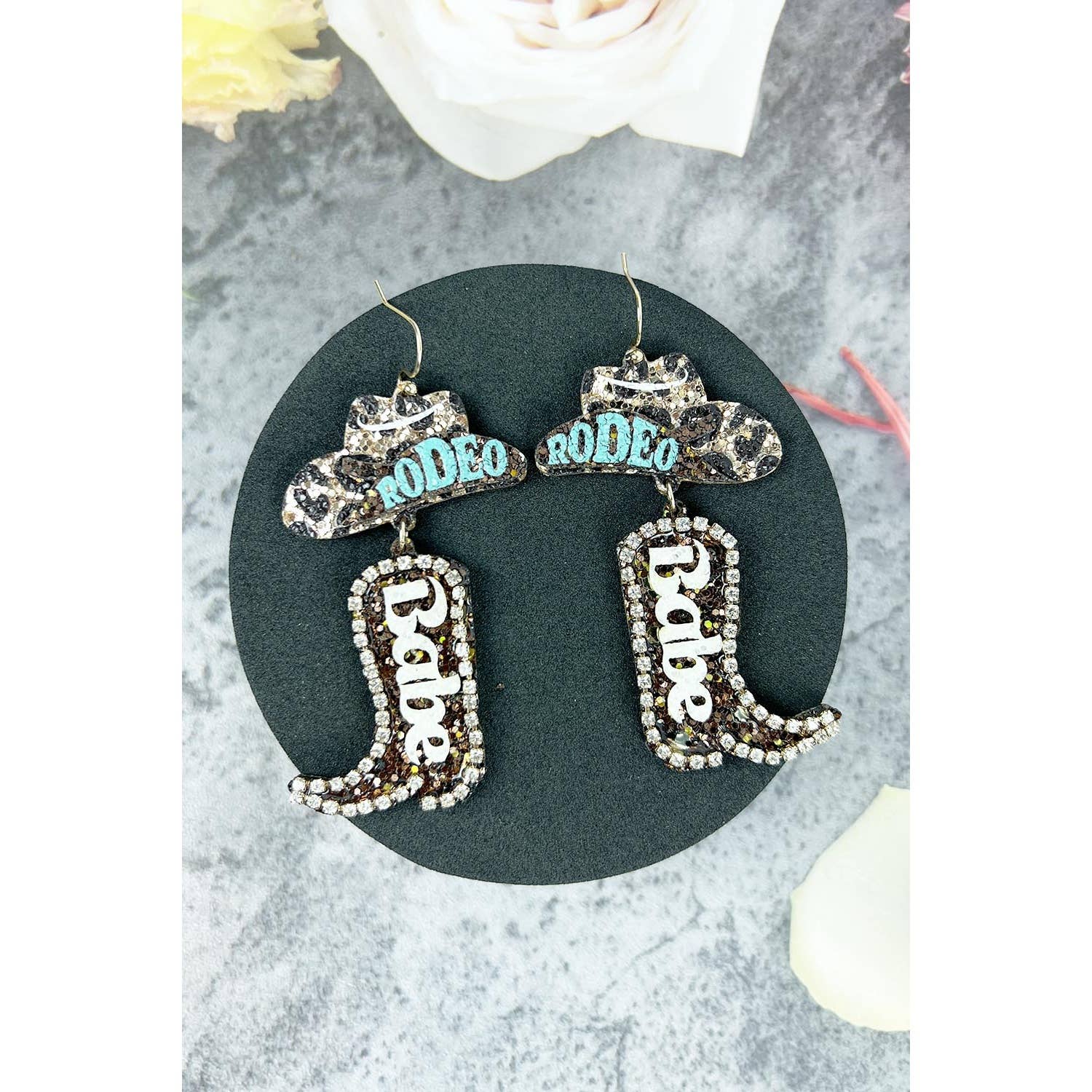 JHP Collection - Wholesale Dangle Earrings - RODEO BABE HOOK EARRING OF GLITTER COW BOY HAT AND BOOTS
5