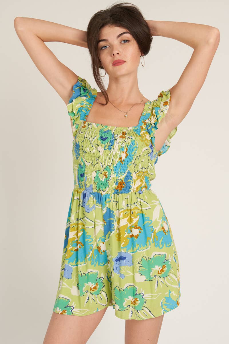 BLEU LIME MULTI Barboteuse smockée sans manches en vente sur Faire4