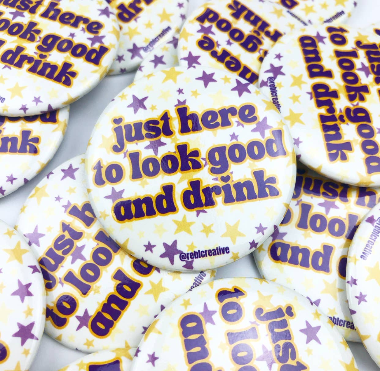 REBL Creative - Wholesale Lapel Pin/Button - Look Good & Drink - Purple Stars - Game Day Button1
