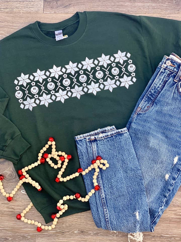Sweater Print with Smiley Faces Christmas Holiday Sweatshirt for wholesale by The Shy Sunflower