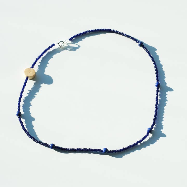 Lapis Lazuli, Japanese Glass Bead, & Wooden Bead Necklace for wholesale by Object Flux