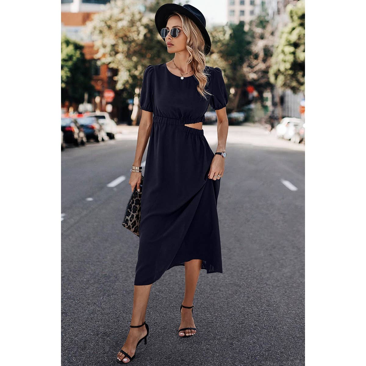 Elings - Wholesale Dress - Women's - Solid Round Neck Cutout Waist A Line Midi Dress4