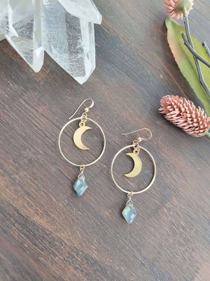 Crescent Moon Hoop Earrings with Labradorite for wholesale by Leo Eleven Jewelry