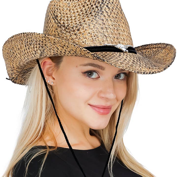 Black Longhorn Emblem Vintage Burnt Natural Straw Cowboy Hat for wholesale on Faire
