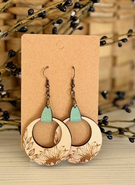 SHY Designs, LLC - Vente Boucles d'oreilles pendantes - Boucles d'oreilles pendantes en bois de tournesol - Boucles d'oreilles à languette en similicuir0