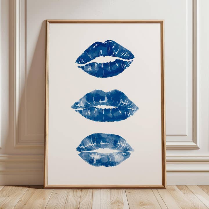 Lipstick Kisses Blue Poster for wholesale by House of Saturn