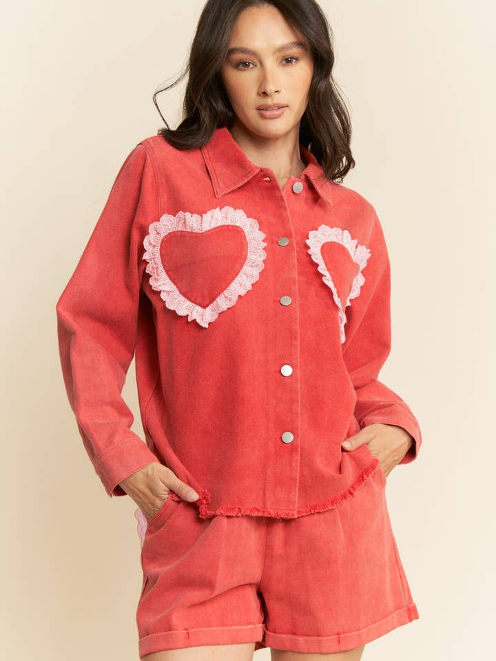 LACE RUFFLE HEARTS POCKET DENIM SHIRT JACKET for wholesale by Davi & Dani