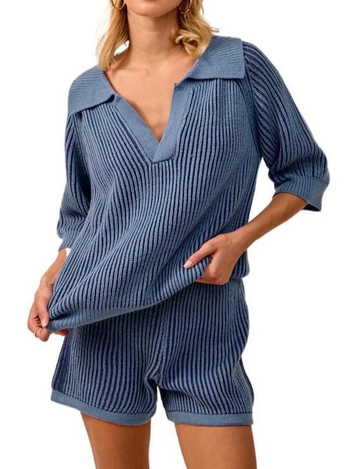Two Tone Rib Texture Sweater Top And Shorts Set for wholesale by Vanilla Monkey