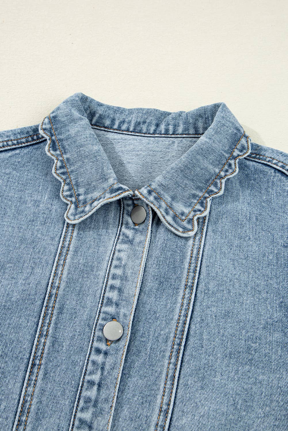 light blue Scallop Collar Pocket Button Up Denim Jacket for winter for wholesale on Faire5