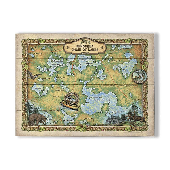 Mapa Ilustrado da Cadeia de Lagos de Minocqua - Decoração de Parede por atacado de Old Wood Signs