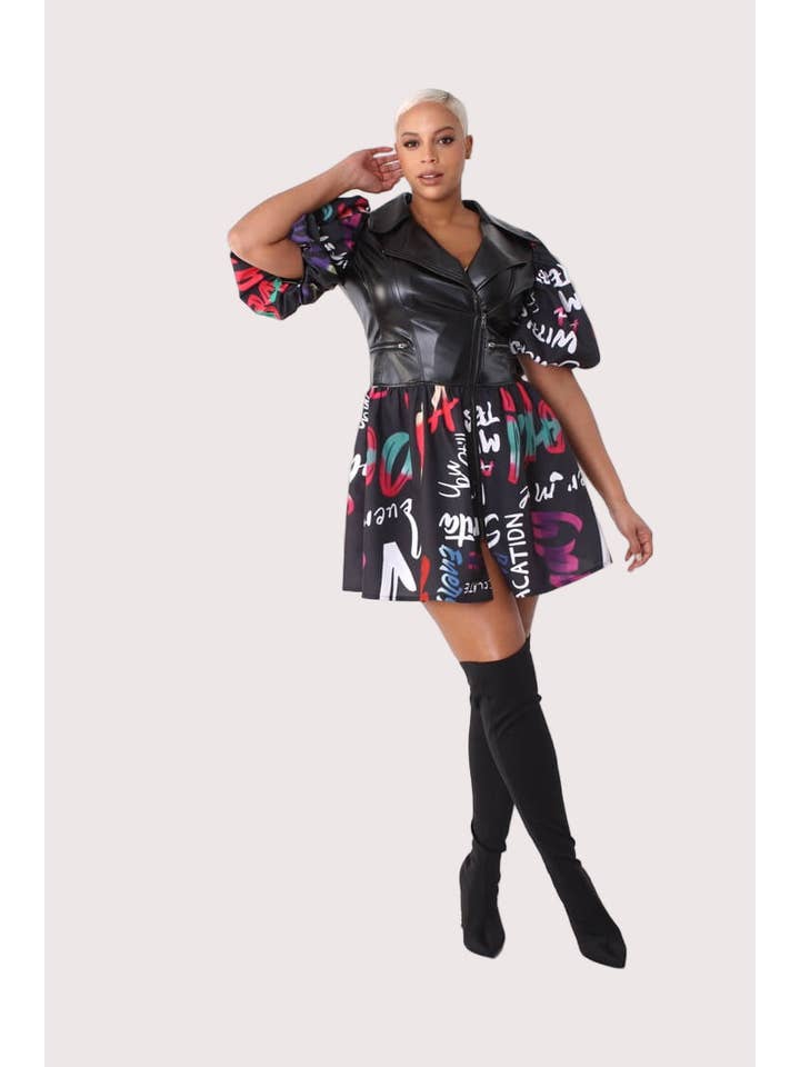 BLACK MULTI Leather Puff Sleeve Printed Dress -82035 for wholesale on Faire4