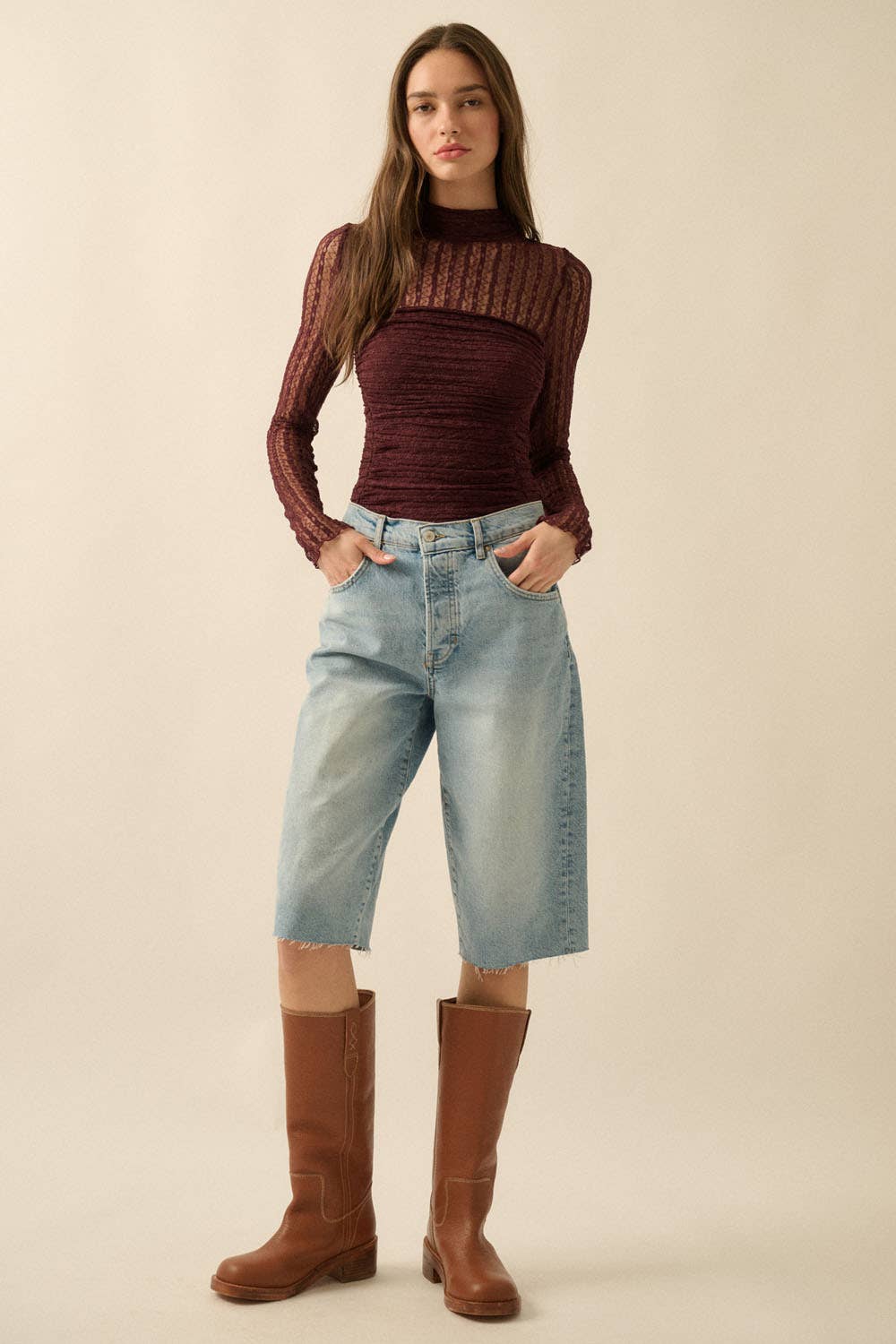 Promesa USA - Wholesale Bodysuit - Women's - Striped Floral Lace Ruched Mock-Neck Bodysuit24