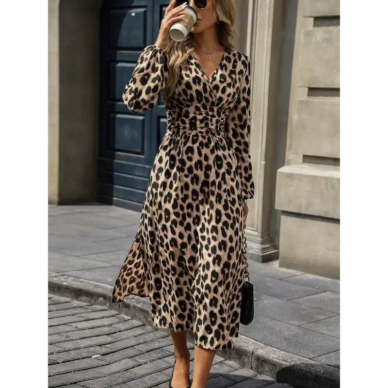 ElevateWell - Wholesale Dress - Women's - Women's long sleeve maxi dress with leopard print and V-neck2